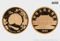 China, 25 Yuan 1993, 1/4 Unze Feingold, 999er Gold. Chinesische Malerei, 1. Ausgabe. Vs. Halle der Höchsten Harmonie (Daihedian) des Pekinger Kaiserpa...