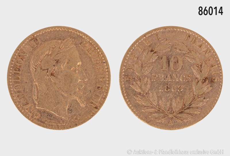 Frankreich, Napoleon III. (1852-1870) 10 Francs 1863 A. 900er Gold. 3,22 g; 18 m...