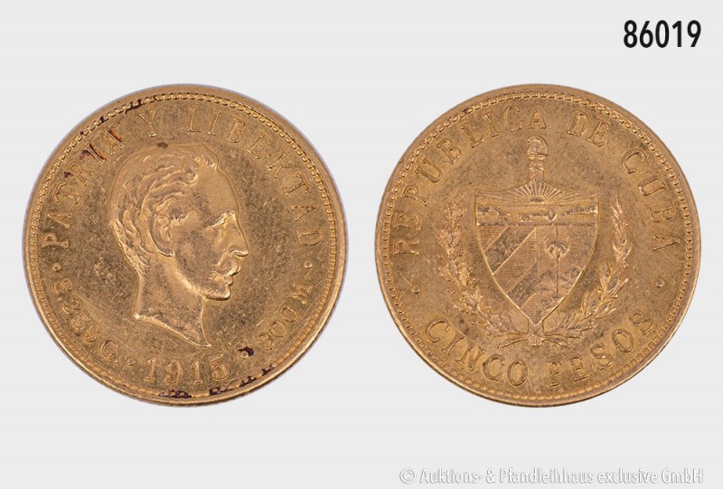 Kuba, 5 Pesos 1915, geprägt in Philadelphia bei der United States Mint. Vs. Staa...