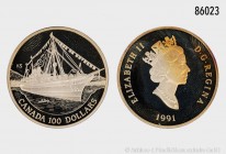 Kanada, 100 Dollars 1991, mit Rs.-Darstellung des Postdampfers S.S. "Empress of India" bei der Ankunft in Vancouver auf der Jungfernfahrt von Yokohama...
