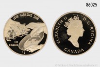 Kanada, 100 Dollars 1996, auf den 100. Jahrestag des Goldrausches am Klondike. 583 1/3er Gold. 13,33 g (Feingewicht 7,77 g); 27 mm. Schön 273. Selten....