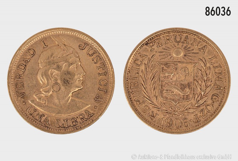 Peru, 1 Libra 1906. 916 2/3er Gold. 7,98 g; 22 mm. Schön 16. Vorzüglich.