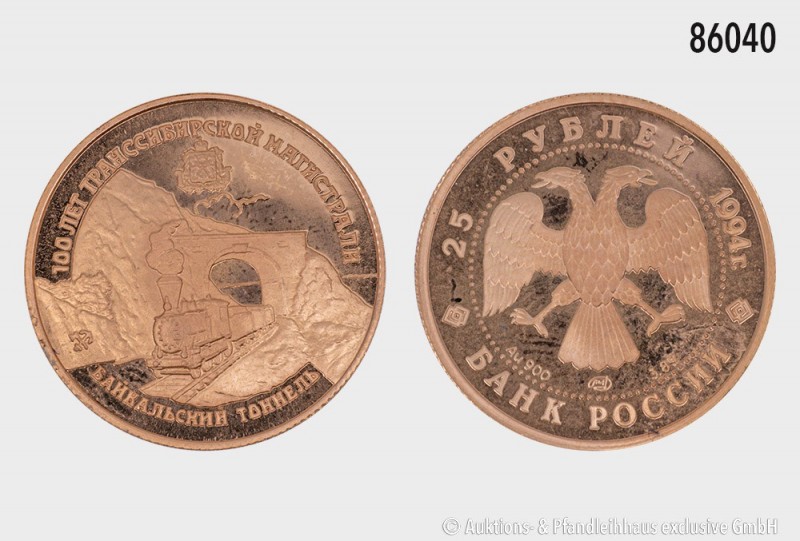 Russland, 25 Rubel 1994, 100 Jahre Transsibirische Eisenbahn. 900er Gold. 4,32 g...