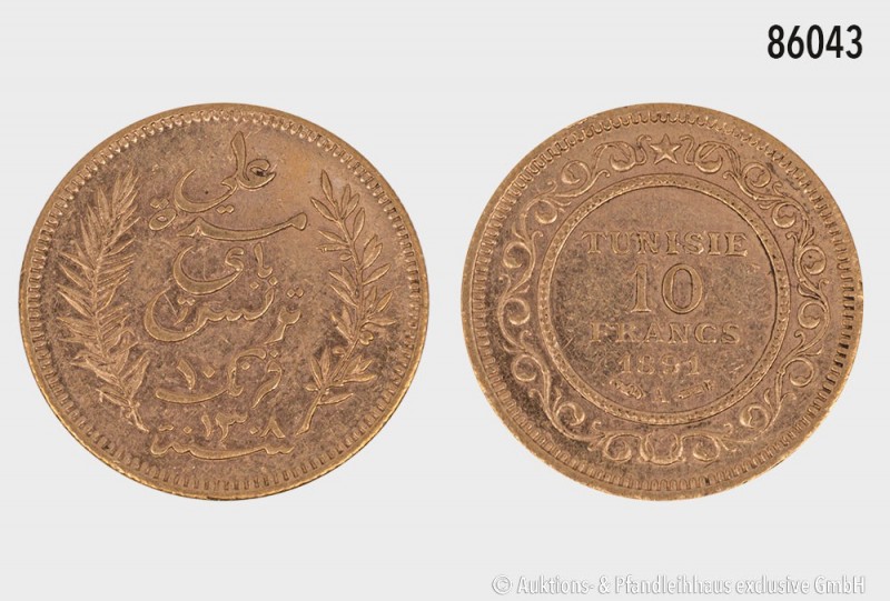 Tunesien, 10 Francs 1891, Paris. 900er Gold. 3,22 g; 19 mm. Fast vorzüglich.