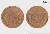 Tunesien, 10 Francs 1891, Paris. 900er Gold. 3,22 g; 19 mm. Fast vorzüglich.
