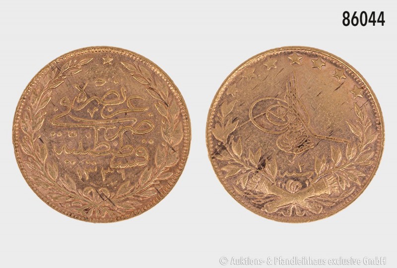 Türkei, 100 Piaster (1918-1922). 916 2/3er Gold. 7,22 g; 22 mm. Fast vorzüglich....