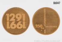 Schweiz, 250 Franken 1991, auf das 700-jährige Bestehen der Schweizerischen Eidgenossenschaft. 900er Gold. 8,0 g; 23 mm. Schön 69. Stempelglanz.
