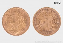 Schweiz, 20 Franken 1935 L - B (geprägt 1946), "Vreneli", 900er Gold. 6,45 g; 21 mm. Schön 32.4. Stempelglanz.