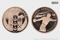 Niue (Savage Island), 50 Dollars 1992, Olympische Spiele 1992, Diskuswerfer. 583 1/3er Gold. Schön 73. 7,7 g; 25 mm. Selten. Auflage 6.000 Exemplare. ...