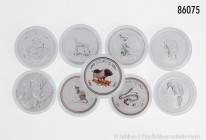 Australien, Konv. 9 verschiedene 1 Unzen Feinsilber-Münzen, dabei Kookaburra 2008, Lunar-Serie, dabei Chinesisches Jahr des Hasen 1999, Jahr der Schla...
