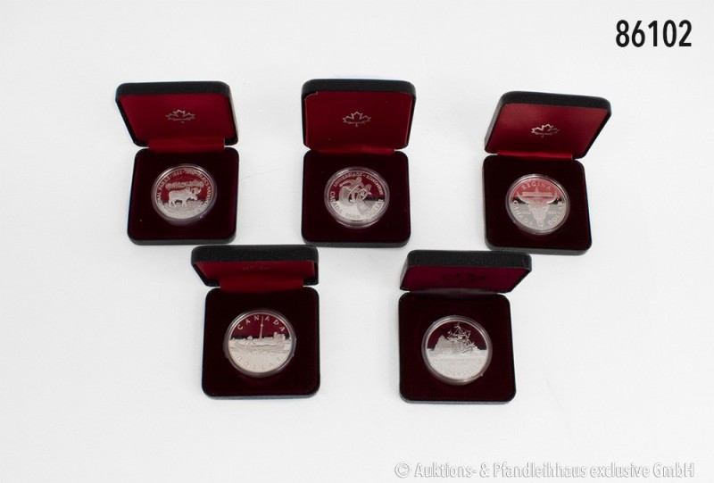 Kanada, Konv. 5 St. Silver Dollar, 500er Silber 1982, 1983, 1984, 1985, 1987 und...