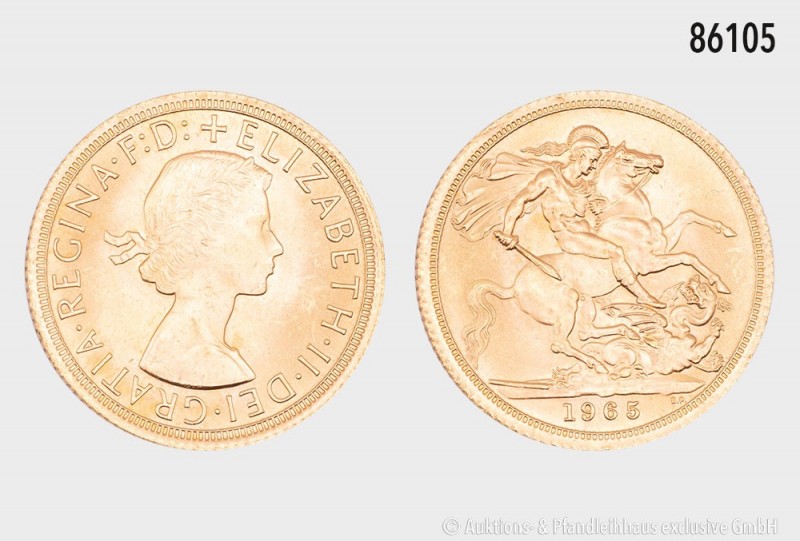 Großbritannien, 1 Sovereign (1 Pfund) 1965, 917er Gold. 7,99 g; 22 mm. Stempelgl...