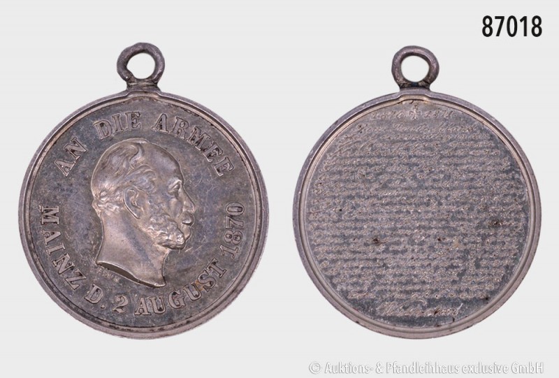 Mainz, silberne Miniaturmedaille 1870, an die Armee. 2,00 g; 17 mm. Erworben bei...