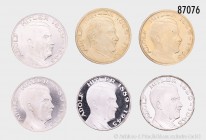 Konv. 6 Medaillen mit dem Poträt Adolf Hitlers, moderne Prägungen, 2 x vergoldet, 4 x versilbert. Selten in dieser Erhaltung. Stempelglanz.