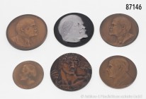Konv. 6 Medaillen: Sowjetunion, Konv. von 3 Lenin-Medaillen, darunter 2 Medaillen von Sokolov. Bronzegussmedaille 1967, von Kunes, auf den 100. Geburt...