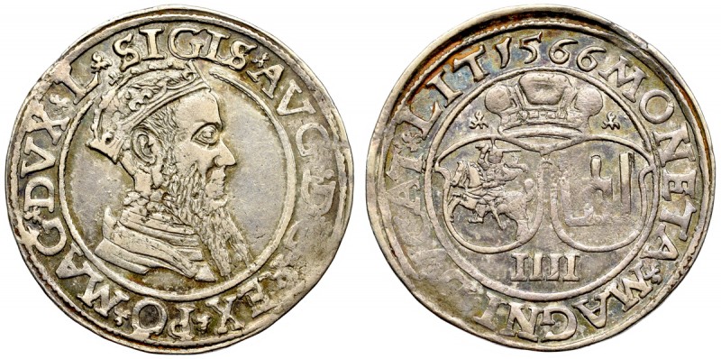 Sigismund II Augustus, 4 groschen 1566, Vilnius - L/LIT Bardzo ładny, lekko nied...