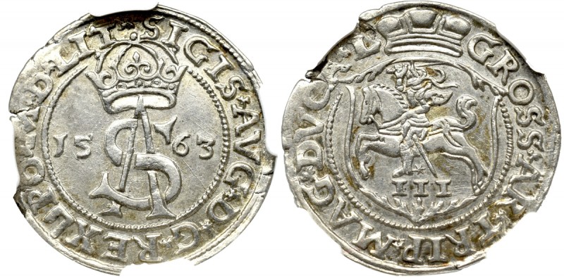 Sigismund II Augustus, 3 groschen 1563, Vilnius LIT/L NGC AU58 Piękny egzemplarz...
