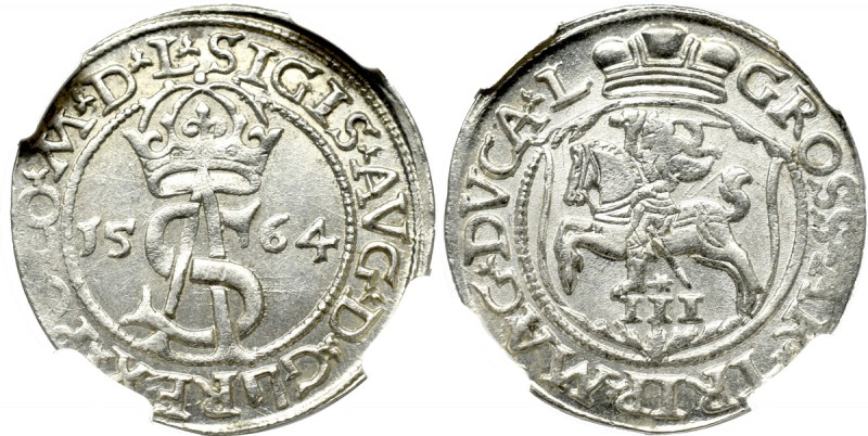 Sigismund II Augustus, 3 groschen 1564, Vilnius - L/L NGC MS65 Wyśmienity, menni...