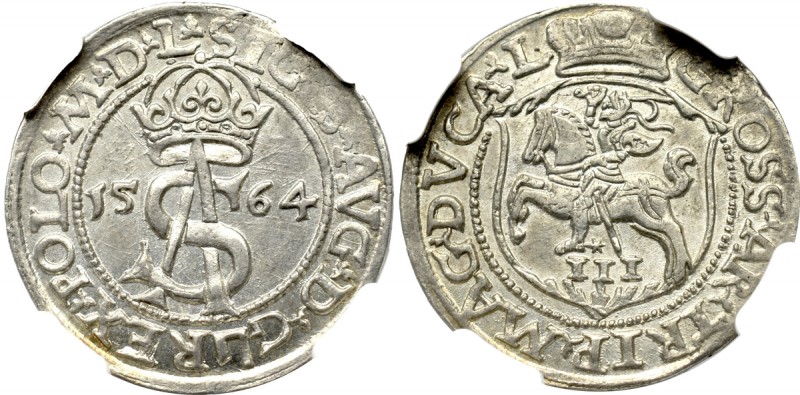 Sigismund II Augustus, 3 groschen 1564, Vilnius - L/L NGC MS63 Wyśmienity egzemp...