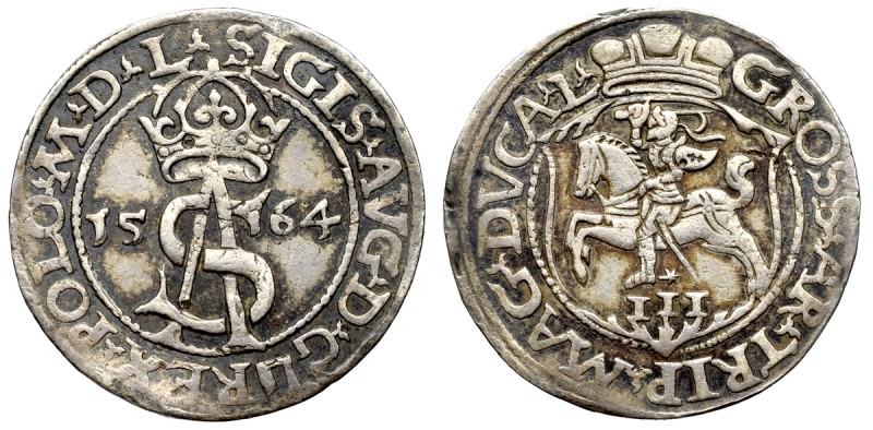 Sigismund II Augustus, 3 groschen 1564, Vilnius - L/L Ładny egzemplarz w ciemnej...