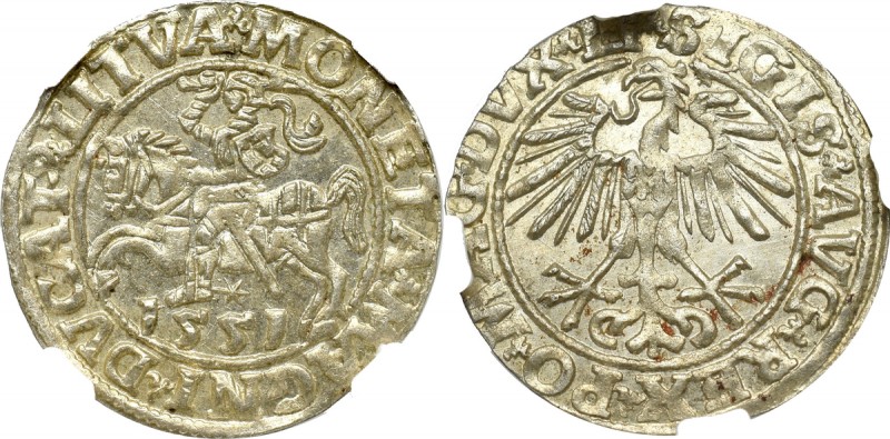 Sigismund II Augustus, Halfgroat 1551, Vilnius - LI/LITVA NGC MS65 Wyśmienity, m...