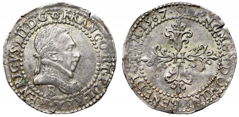 France, Henri III, 1/4 franc 1587, Rouen Piękny, okołomenniczy egzemplarz 1/4 fr...