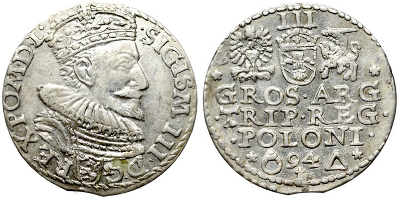 Sigismund III Vasa, 3 groschen 1594, Marienburg Bardzo ładny egzemplarz. Nieopis...