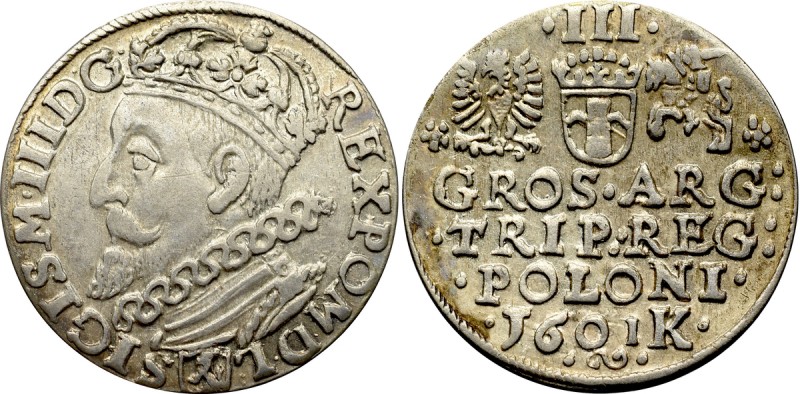 Sigismund III, 3 groschen 1601, Cracow Piękny, okołomenniczy egzemplarz z bardzo...