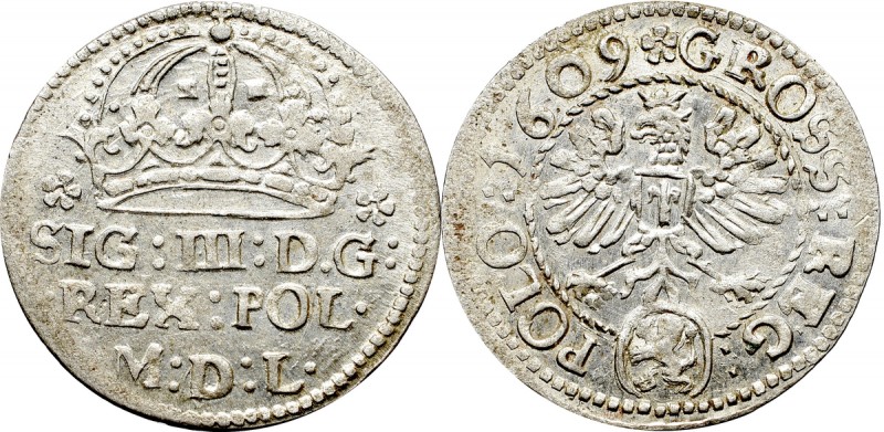 Sigismund III, Groschen 1609, Cracow Piękny, menniczy egzemplarz. Odmiana z herb...
