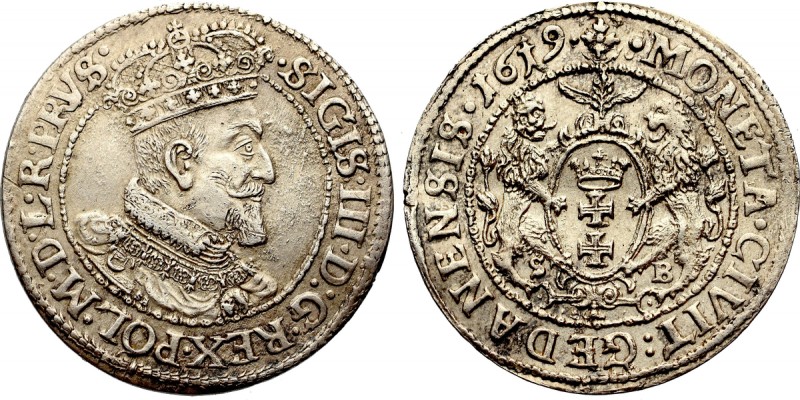Sigismund III, 18 groschen 1619, Danzig Bardzo ładny detal. Odmiana z inicjałami...