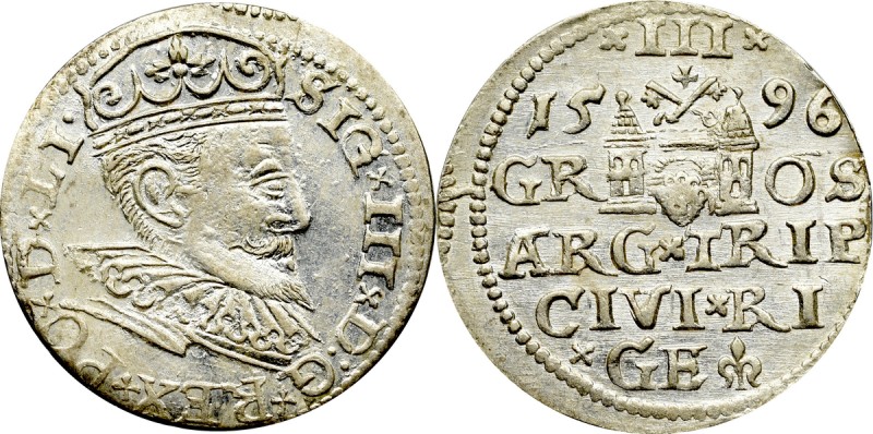 Sigismund III Vasa, 3 groschen 1596, Riga Piękny egzemplarz. Patyna, nalot. Awer...