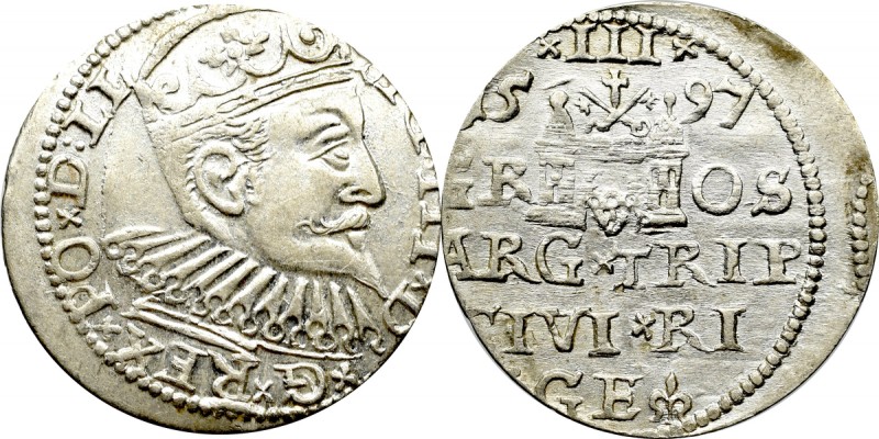 Sigismund III Vasa, 3 groschen 1597, Riga Piękny egzemplarz. Patyna, nalot. Awer...