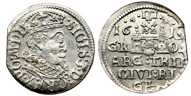 Sigismund III, 3 Groschen 1619, Riga Piękny egzemplarz. Patyna, nalot. Rzadki, o...