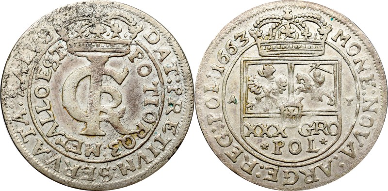 John II Casimir, 30 groschen 1663, Cracow Piękny egzemplarz tymfa krakowskiego z...