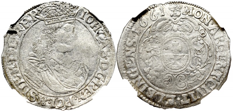 John II Casimir, 18 groschen 1661, Elbing - NGC AU53 Piękny, okołomenniczy egzem...