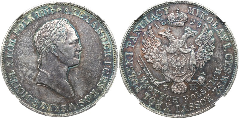 Kingdom of Poland, Nicholas I, 5 zloty 1829 FH - NGC AU Bardzo ładny egzemplarz ...