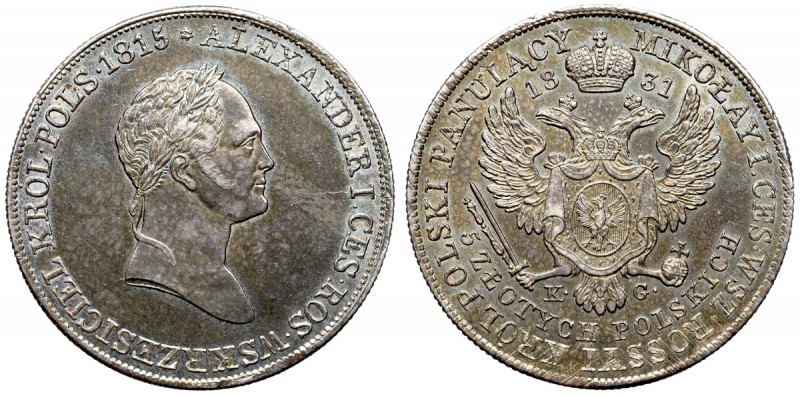 Kingdom of Poland, Nicholas I, 5 zloty 1830 KG Piękny egzemplarz w ciemnej patyn...