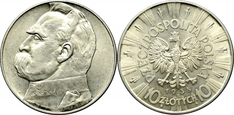 II Republic of Poland, 10 zloty 1938 Pilsudski Bardzo atrakcyjny egzemplarz z mo...