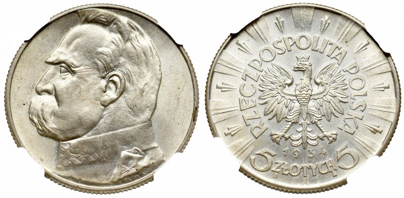 II Republic, 5 zlotych 1934, Pilsudski - NGC MS64+ Wyśmienity, menniczy egzempla...