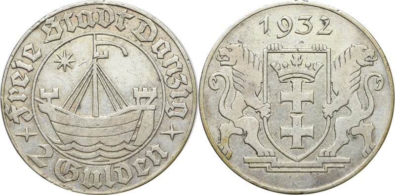 Free City of Danzig, 2 gulden 1932 Atrakcyjny egzemplarz z pozostałościami blask...