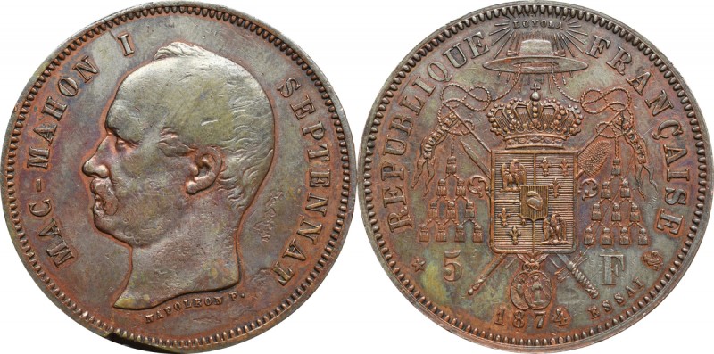 Francja, 5 Franków 1874 - Próba Rzadka próbna moneta III Republiki Francuskiej. ...