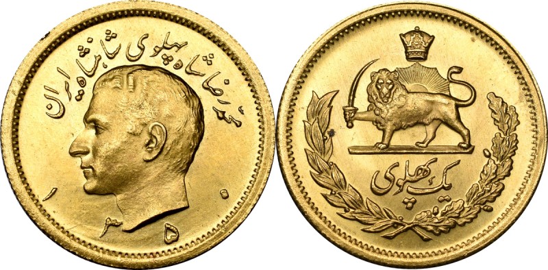 Iran, Mohammad Reza Pahlevi, 1 pahlavi 1971 Piękny egzemplarz złotej monety irań...