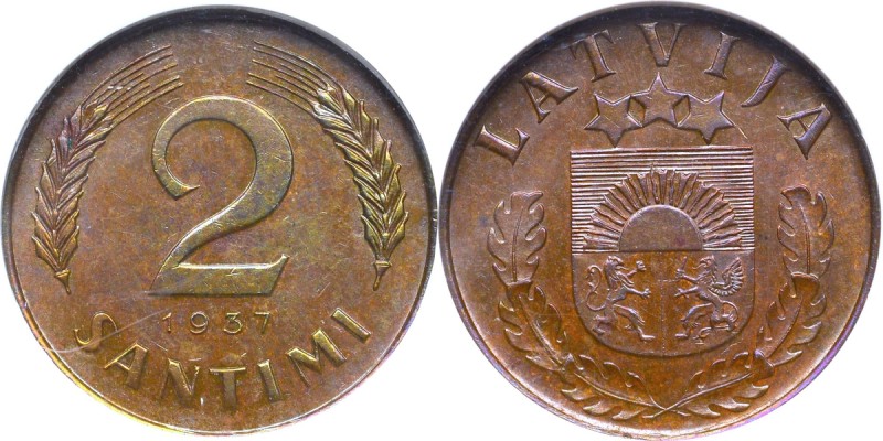 Latvia, 2 santimi 1937 - NGC MS62 BN Menniczy egzemplarz przedwojennej monety Re...