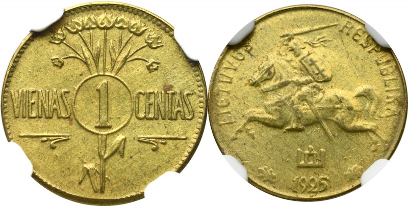 Lithuania, 1 cent 1925 - NGC MS63 Piękny, menniczy egzemplarz. Reference: Krause...