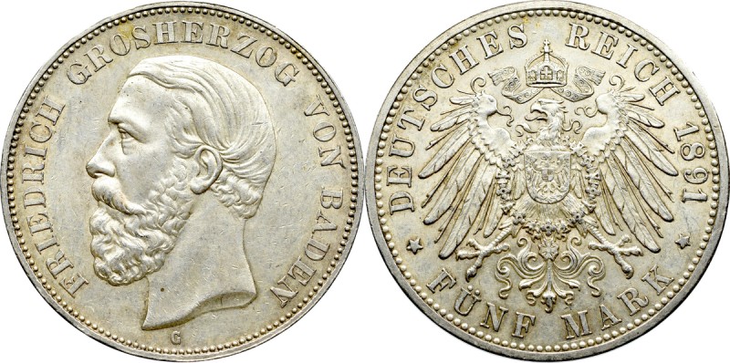 Germany, Baden, 5 mark 1891 G Bardzo atrakcyjny egzemplarz rzadkich 5 marek z 18...