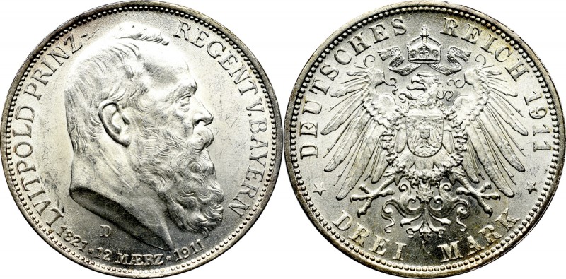 Germany, Bayern, 3 mark 1911 3 marki 1911 wybite na 90 rocznicę urodzin Luitpold...