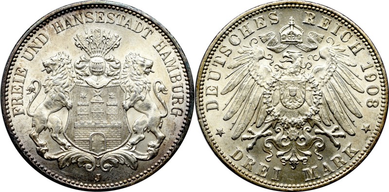 Germany, Hamburg, 3 mark 1908 J Wyśmienity egzemplarz z mocnym obustronnym blask...