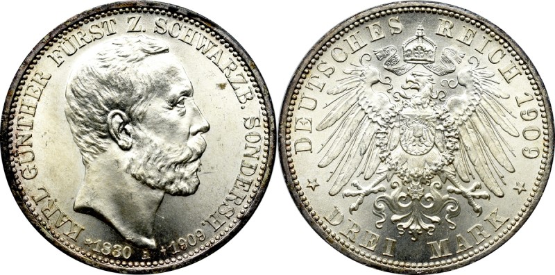 Germany, Schwarzburg-Sondershausen, 3 mark 1909 Mennicze, rzadkie 3 marki pośmie...