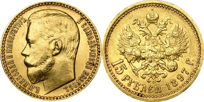 Russia, Nicholas II, 15 rouble 1897 AГ Atrakcyjny egzemplarz z dobrze zachowanym...