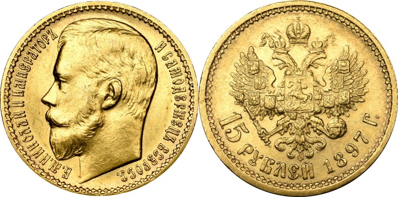 Russia, Nicholas II, 15 rouble 1897 AГ Atrakcyjny egzemplarz z dobrze zachowanym...